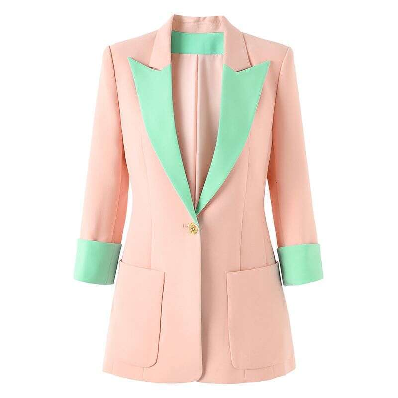2025 New Color Blocking Patchwork Women In Spring And Summer, Seven Quarter Sleeved Suit Jacket Pink Single Breasted Jacket