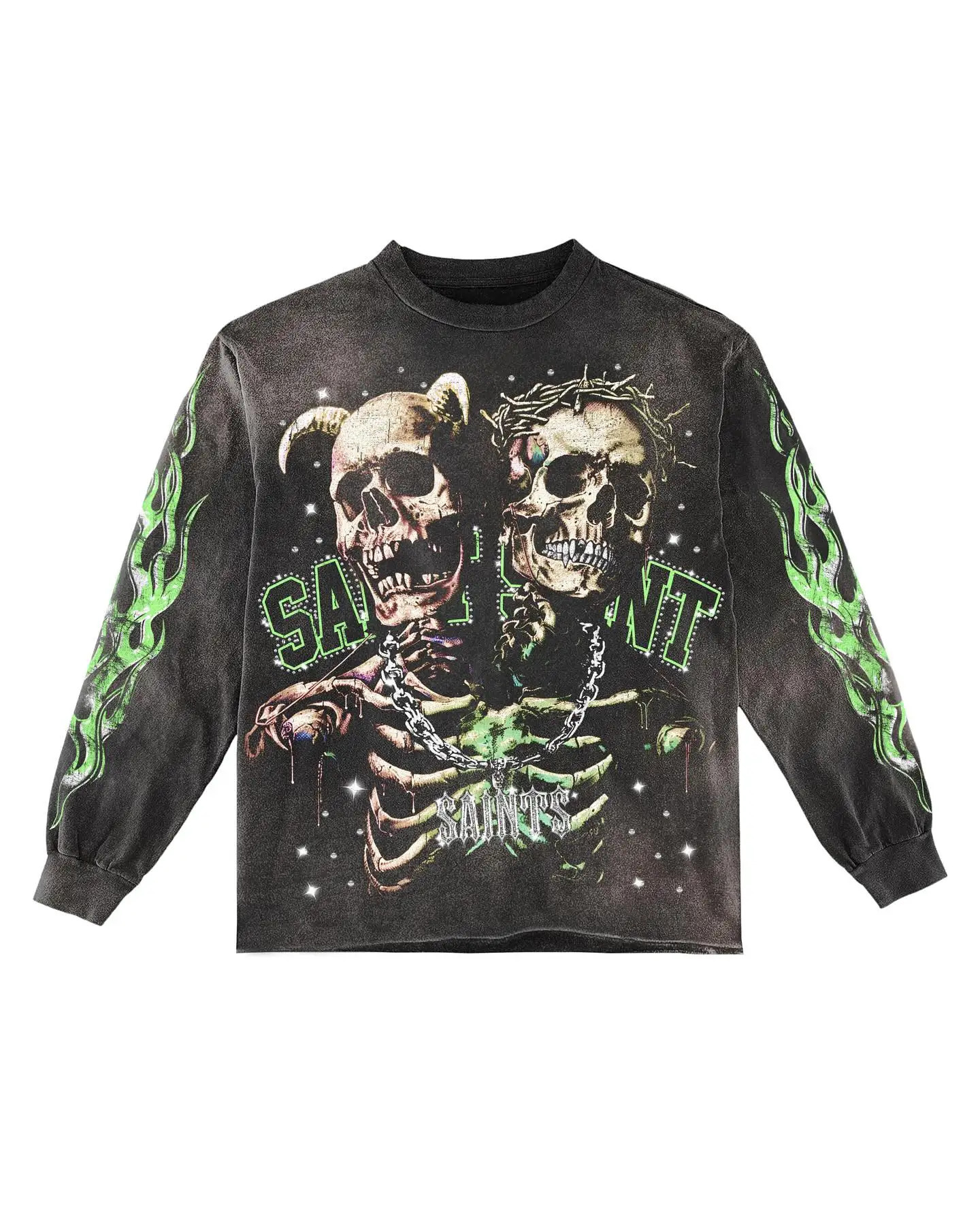 Skull Green Flame Graphic T Shirts Y2K Streetwear Men Oversized T Shirt Vintage Harajuku Crew Neck Black Cotton Long Sleeve Tops 250819