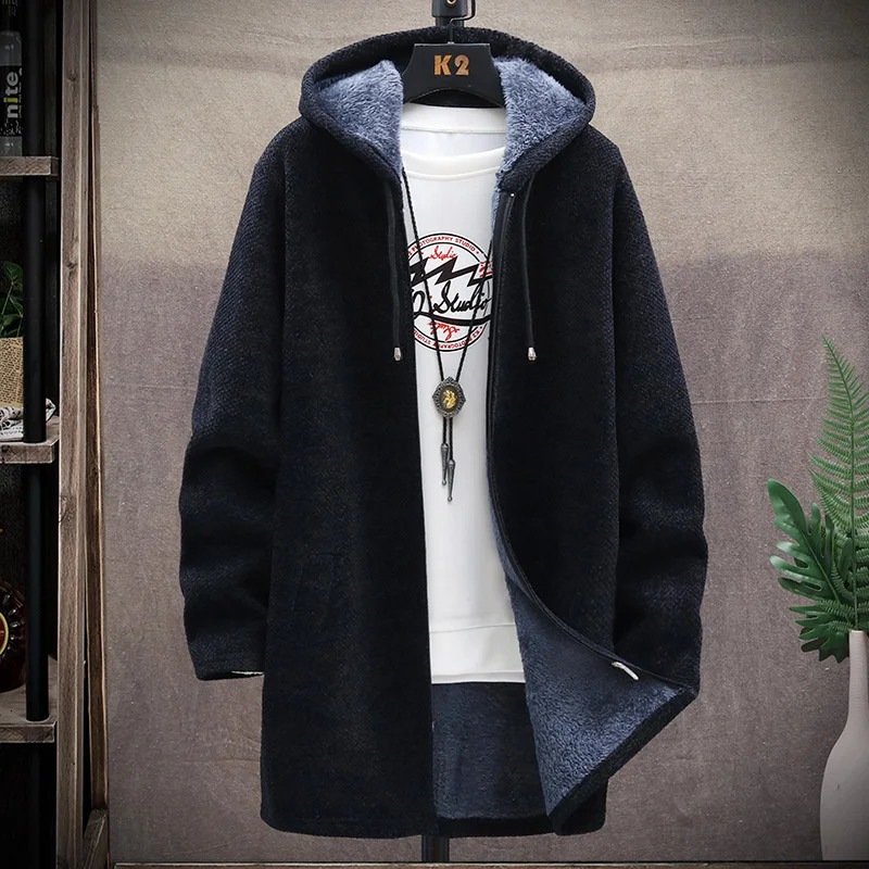 Mens Long Knit Cardigan Autumn Winter Sweater Coat Fleece Heavy Hooded Trench Solid Chenille Fashion Jacket w250819