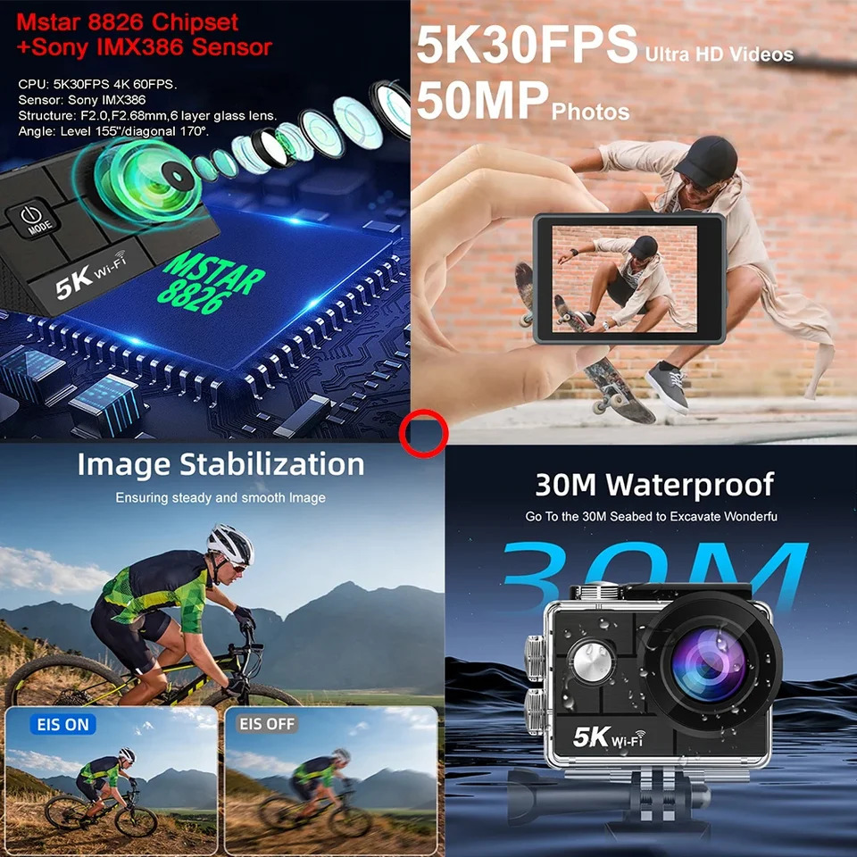 Ultra HD 5K 4K60fps 50MP Action Camera M44 Wi-Fi 5X Zoom 170D Anti-Shake 30M Waterproof Sport Camera With Sony 386 Fisheye Lens 250813