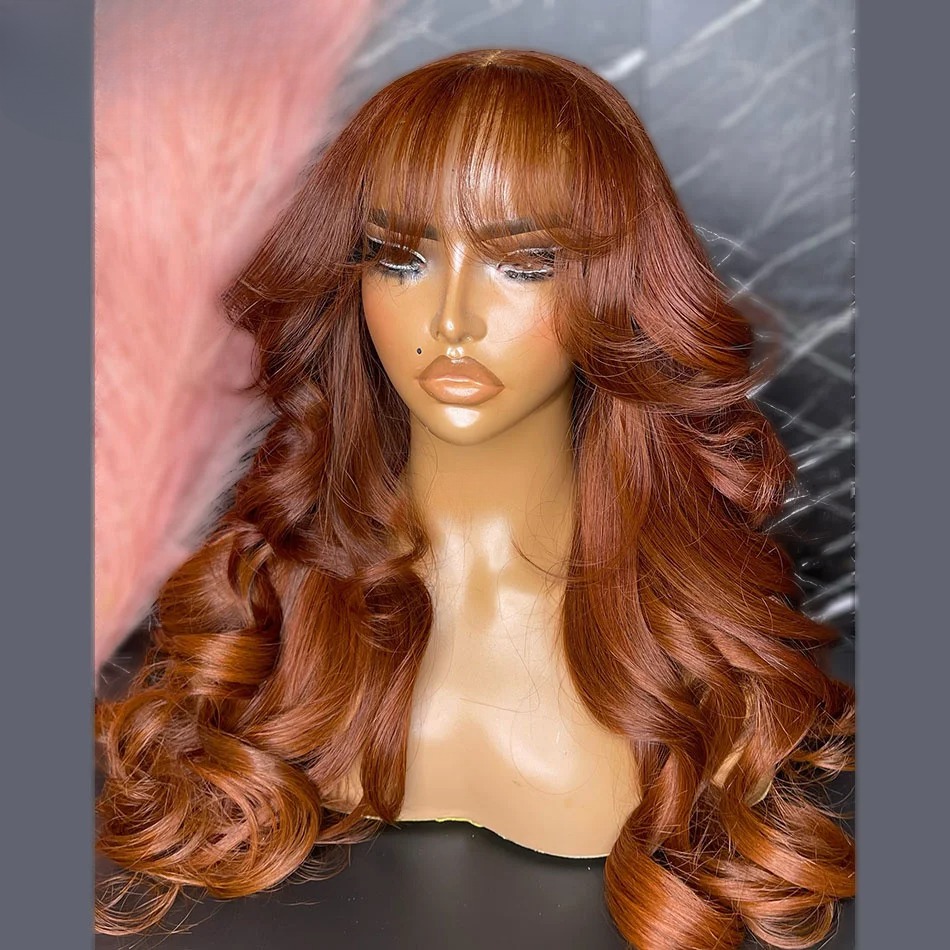 13x4 Red Human Hair Wig With Bangs HD Transparent Lace Front Wig Body Wave Lace Frontal Wig For Women Wear And Go Glueless Wig Synthetic