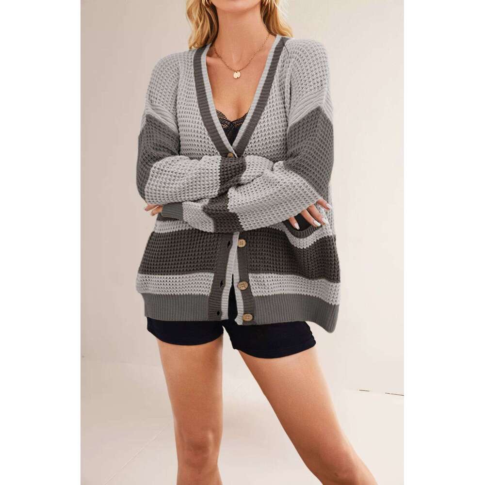 Women's Autumn Winter New Knitted V-Neck Plus Size Pocket Color Block Cardigan Jacket B5