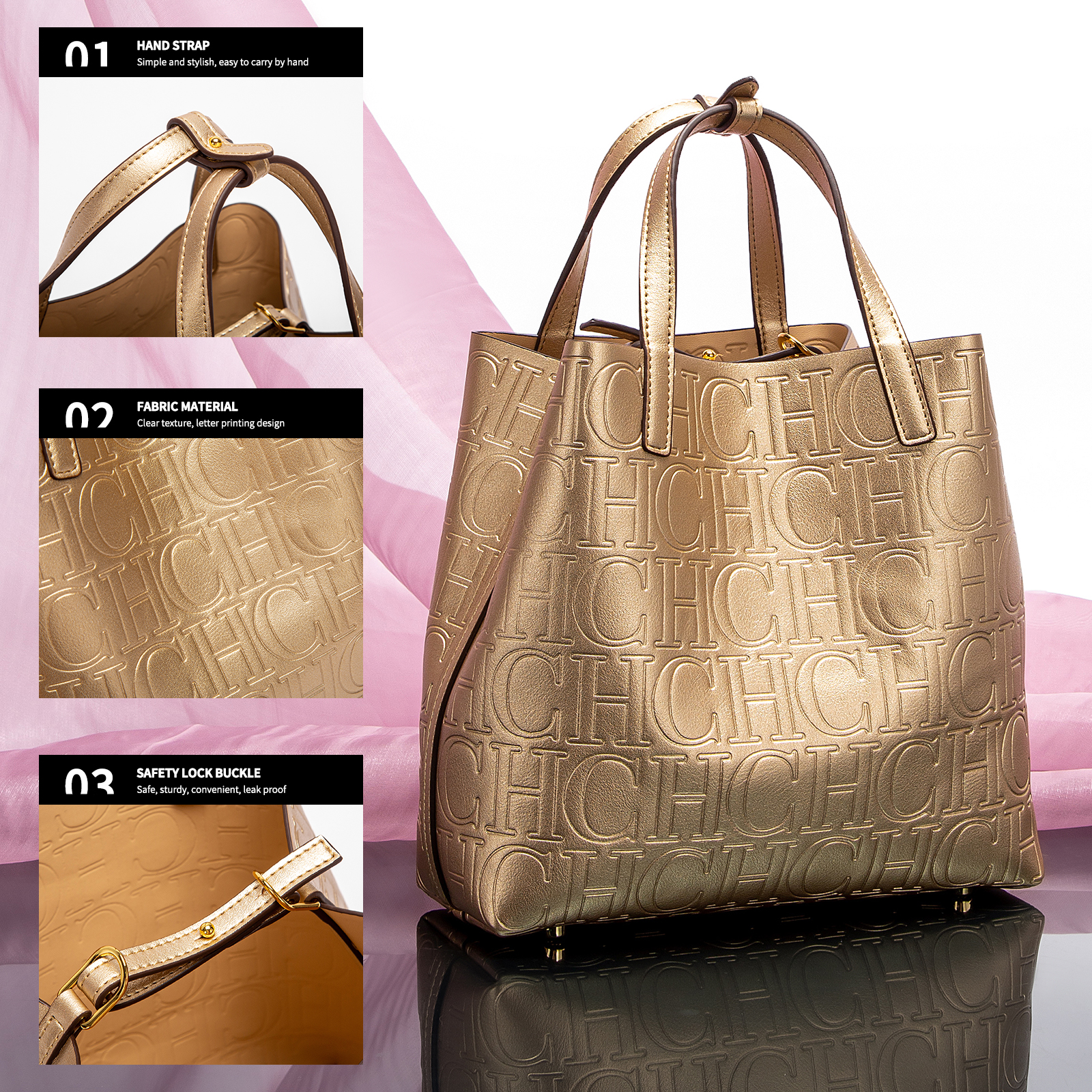 Elegant Embossing Fashion Tote Modern Geometry Style with Glittery Frame
