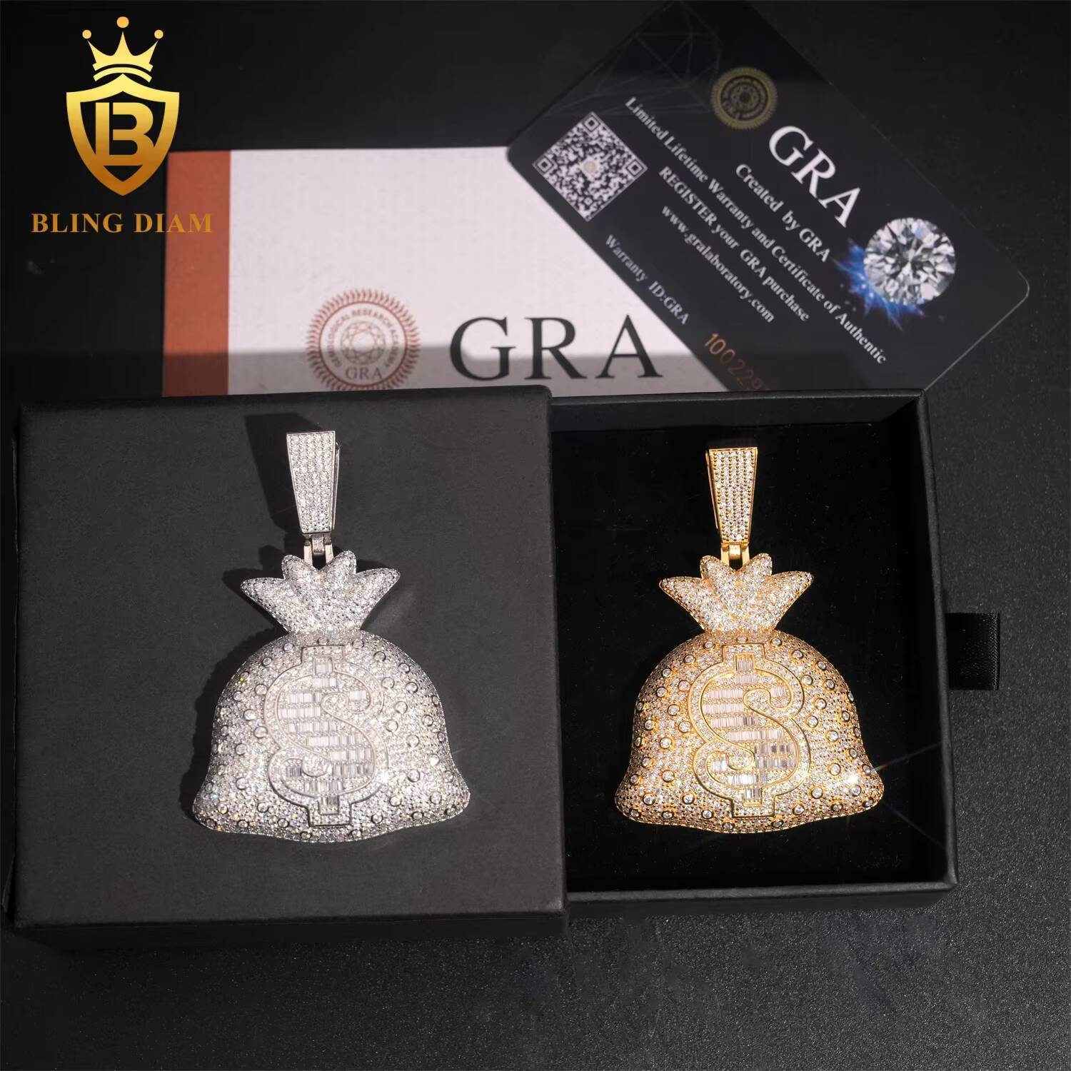 GRA Certified Iced Out Diamond Pendant Men Custom Hip Hop 925 Silver Gold Vvs Dollar Money Bag Pendant Fine Jewelry