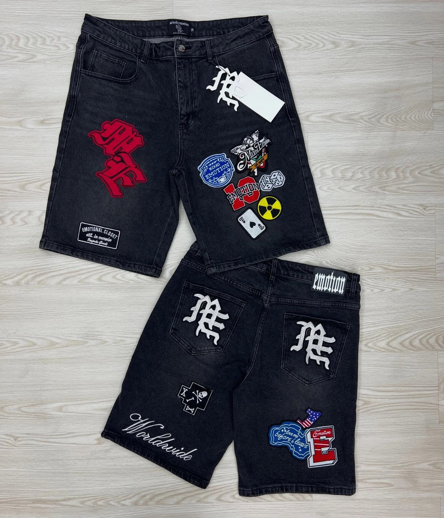 Streetwear Vintage Denim Shorts Y2K Jeans Hip Hop Cartoon Letter Embroidery Retro Black Baggy Short Low Waist Over The Knee Pant 250819