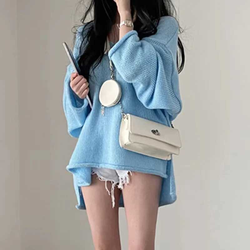 2025 Autumn Korean Style Long Sweater Loose Thin Sweater Sweet V-neck Pleated Blue Knitted Pullover Casual Womens Knitwear 99 XJ250819
