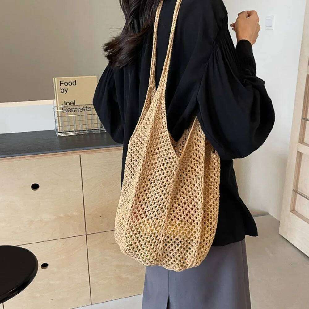 Fashion Women's Hollow Woven Shoulder Bags Large Capacity Knitting Underarm Solid Crochet Tote Handbag Summer Mesh Beach Bag