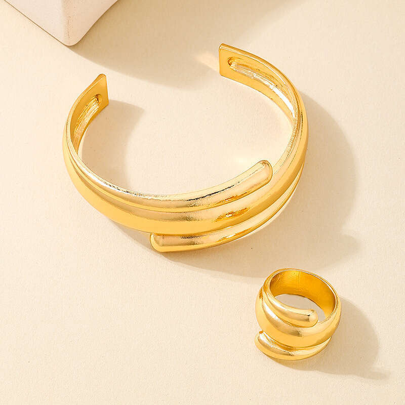 1 of Fashionable New Metal Glossy Geometric Women's Open Bracelet Ring Jewelry Set