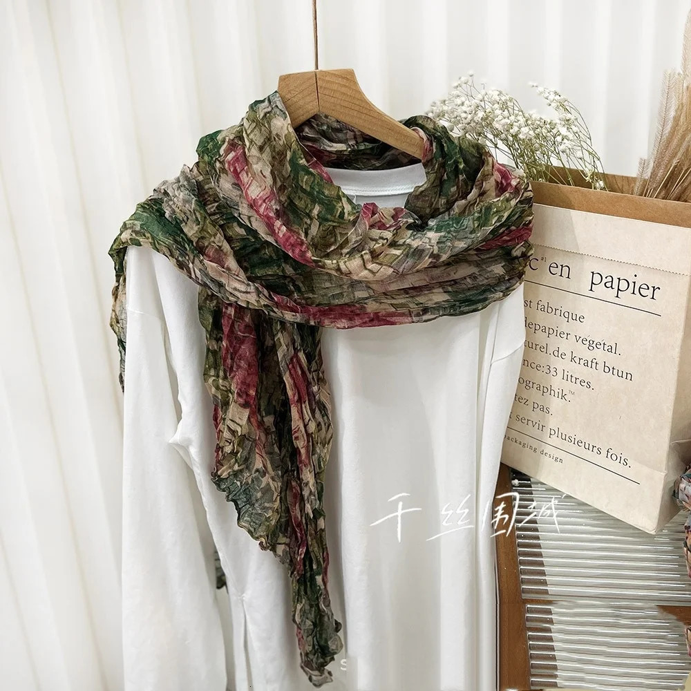 Retro Literary Cotton and Linen Pleated Thin Versatile Shawl Small Floral Scarf Gauze Japanese Men and Women 250818