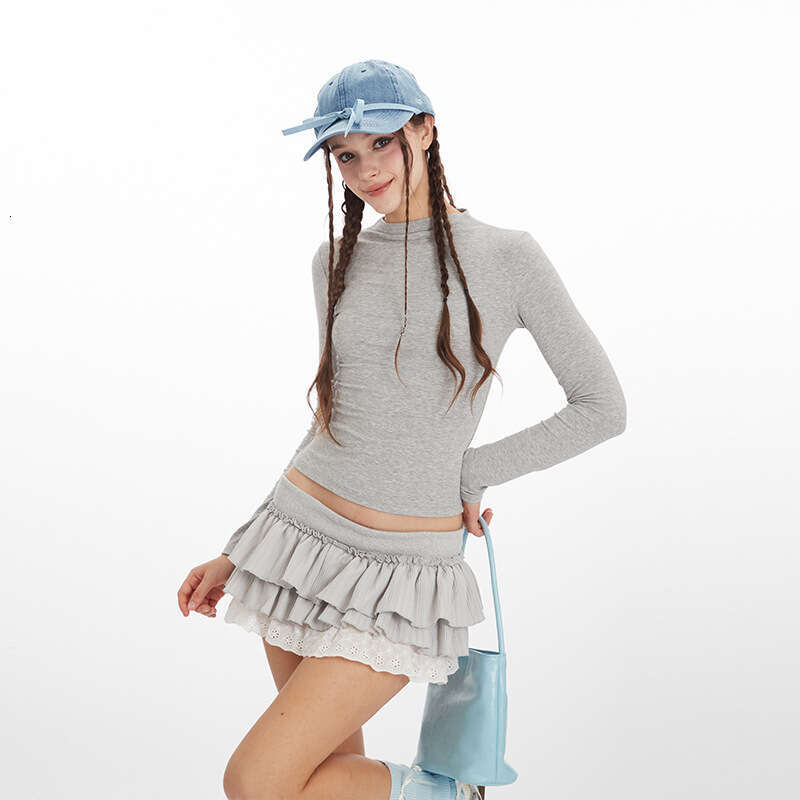 Spring And Autumn Stand Collar Solid Color Short Hot Girl Top Women Ins Versatile Long Sleeve T-Shirt B5