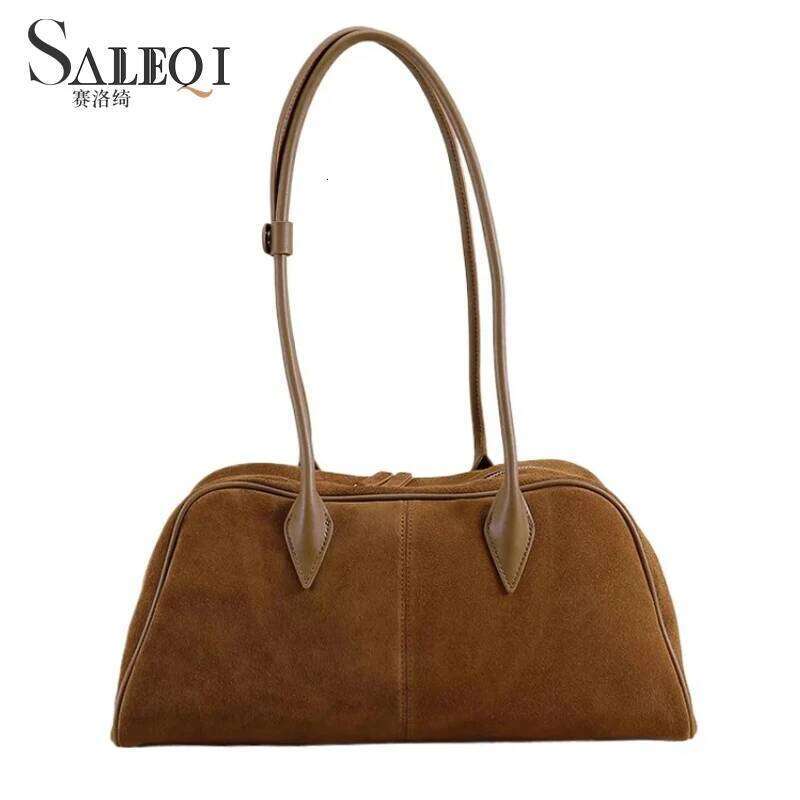 Genuine Grade Boston Underarm Female Big Women's Fashion Bowling Suede Frosted Cow Leather Shoulder Bag Long-Handle Handbag