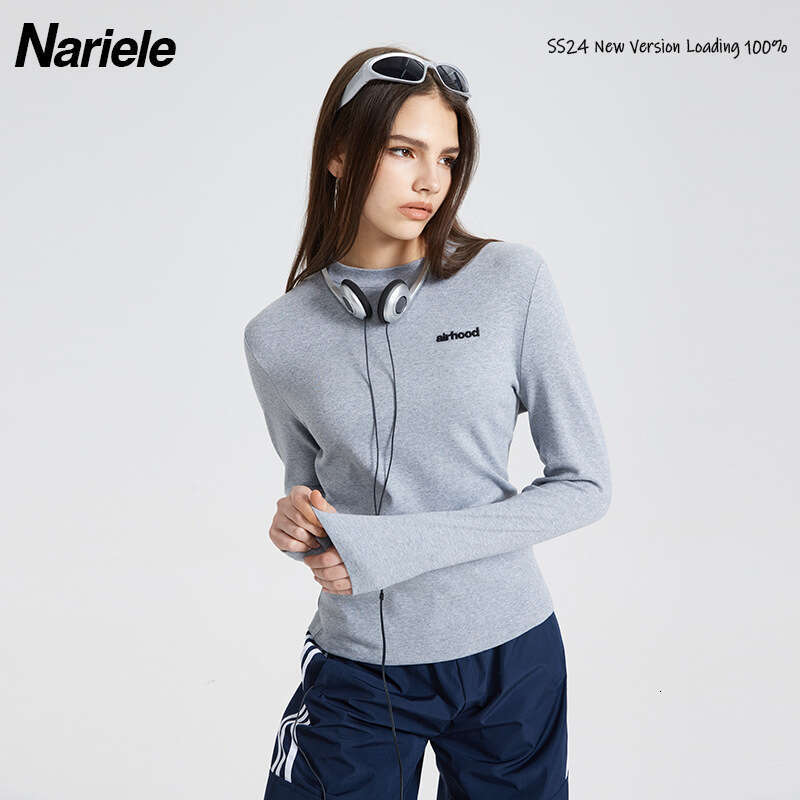 Versatile Harajuku Style Long Sleeve T-Shirt For Women Round Neck Spring And Autumn Embroidered Solid Color Base Shirt Top B3