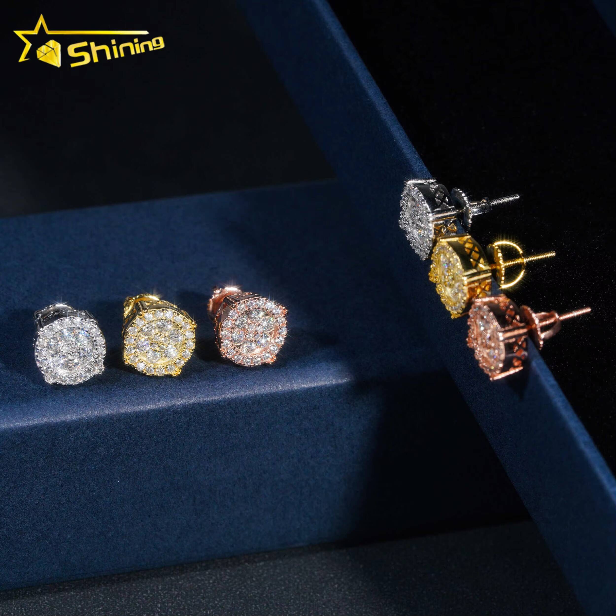 2025 new style Nice Jewelry Bling Shining Round Shape 925 Silver White Gold Moissanite Hip Hop Earrings