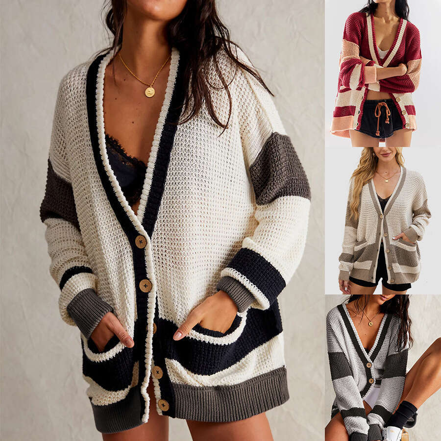 New Autumn Winter Knitted Coat Plus Size Pocket Color Block Cardigan Sweater Women's Clothing B5