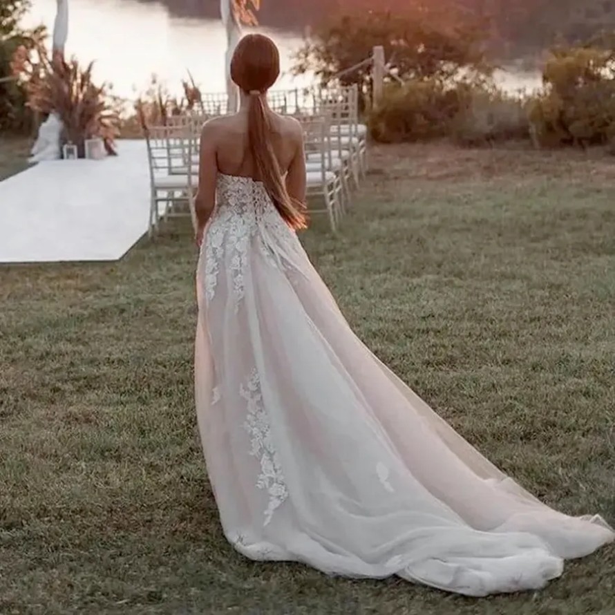 Beach Boho Wedding Dress for Bride Sweetheart Neckline Tiered Tulle Bridal Gowns Sexy High Split Beaded Lace for Marriage for African Arabic Black Wom