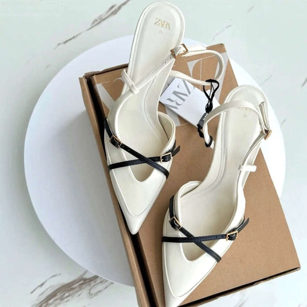 ZAKQ2025 Spring Summer New Strap High Heels Pointed Slimming Patent Leather Stiletto Cross Buckle Shoes Closed Toe
