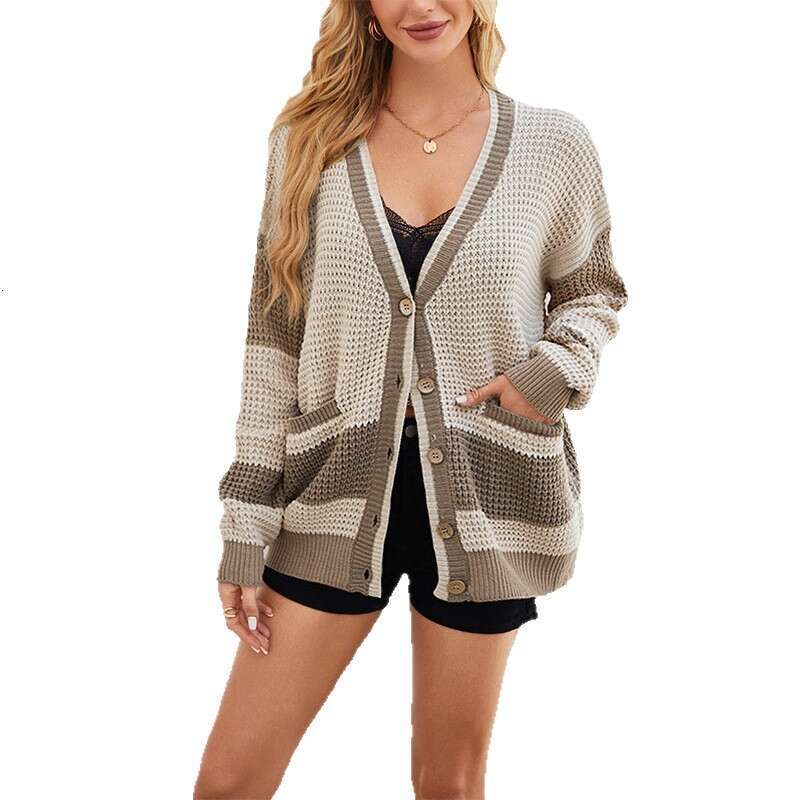 Women's Autumn Winter New Knitted V-Neck Plus Size Pocket Color Block Cardigan Jacket B5