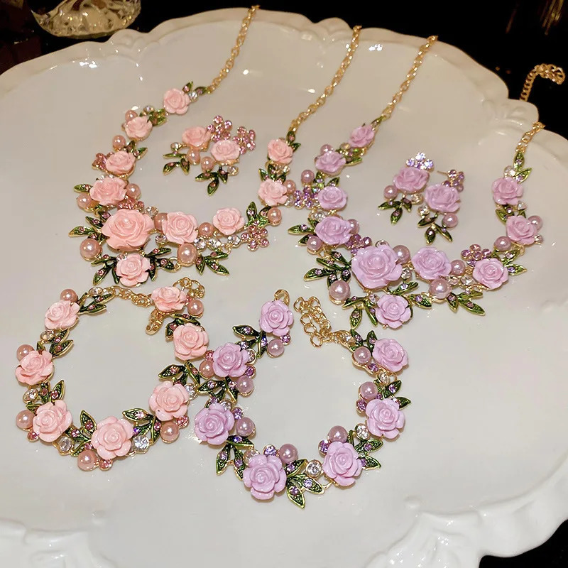 Romantic Rose Flower Necklace Bracelet Stud Earrings Jewelry Set Womens Fashion Pink Purple Choker Necklace for Party Wedding 250818
