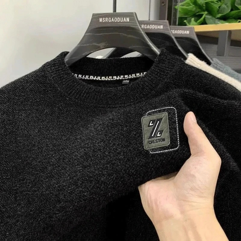 Mens Sweatercoat Autumn Winter ONeck Knit Letter Plush Fleece Lined Warm Wool Pullover Sweater Men Bottoming Pullovers Jumper 250819