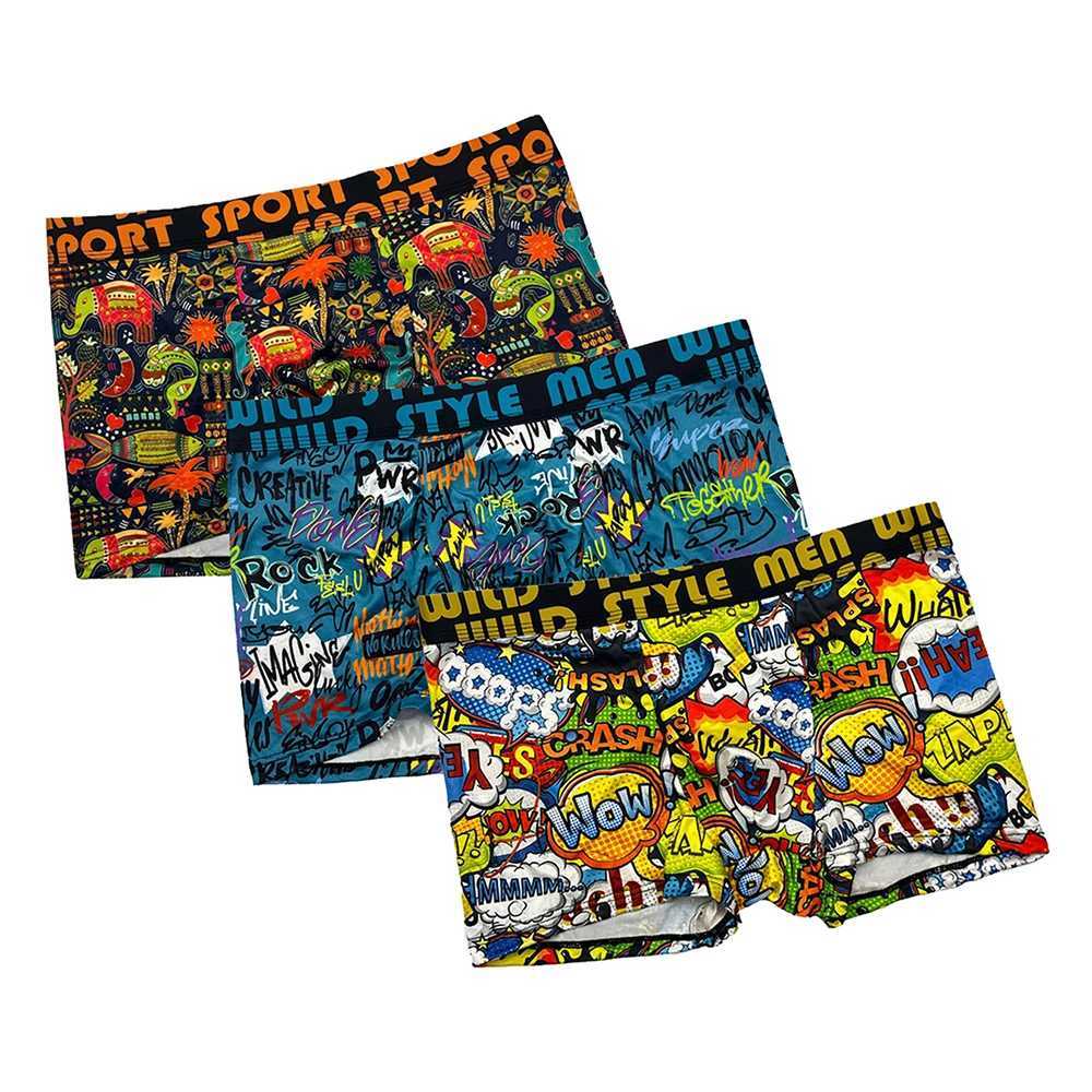 3Pcs Mens Graffiti Printed Boxer Shorts Casual Sports Breathable Underwear Mens Comfortable Underwear W250819