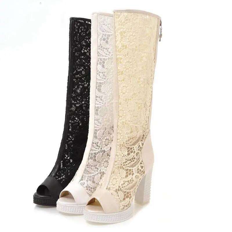 ASILETO Ladies Summer Boots Peep Toe Chunky Heels Lace Mesh Splice Big Size 33-43 Black Whiete Fashion Sexy S4036