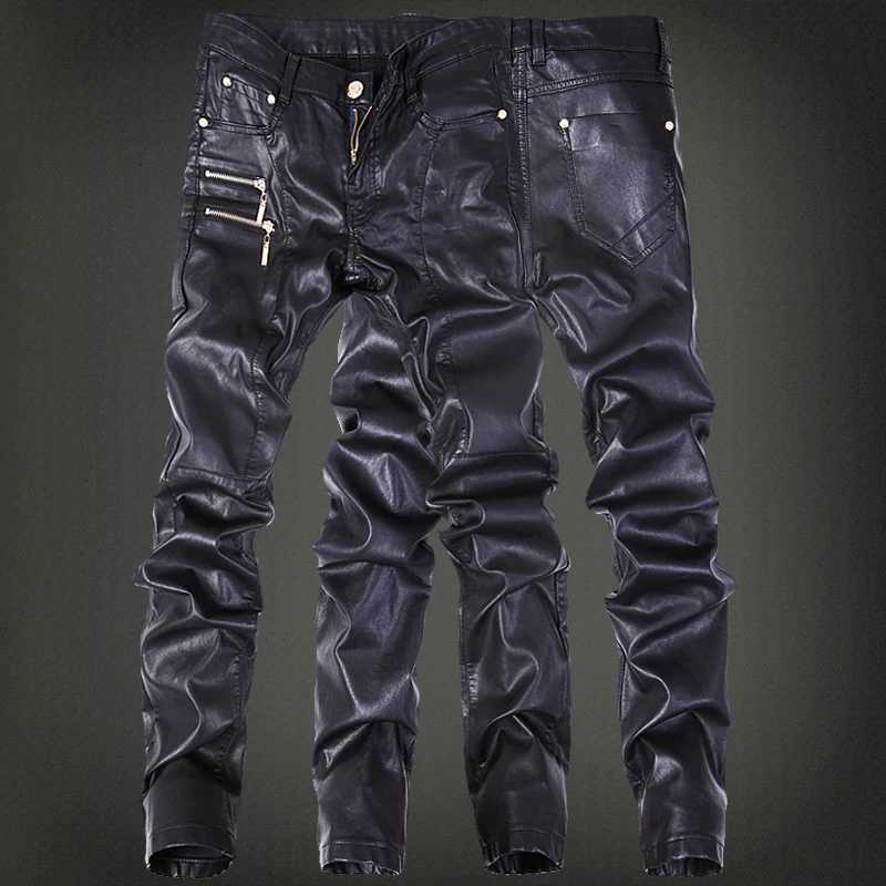 New Fashion Men Leather Pants Patchwork Casual Skinny Mens Motorcycle Jeans High Quality Mens Slim Trousers Jeans Size 28-36 W250819