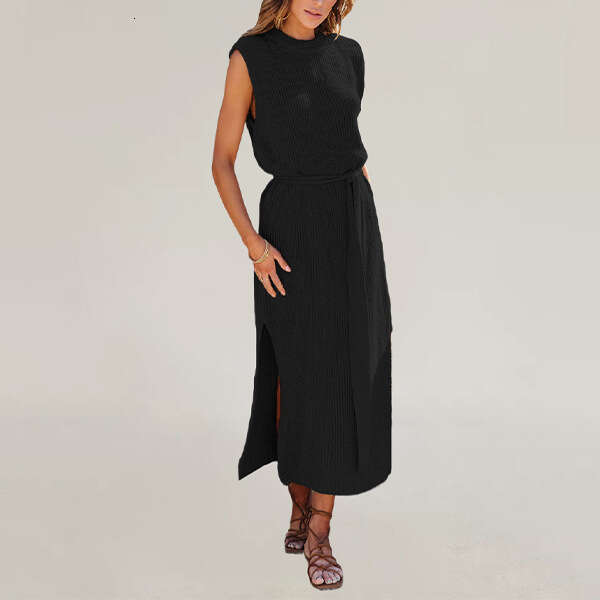 New Women's Round Neck Solid Color Dress With Slit And Belt Knitted Sweater B5