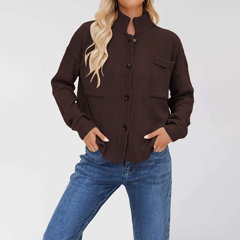 New Coat Knitted Stand Collar Plus Size Sweater Button Cardigan B5