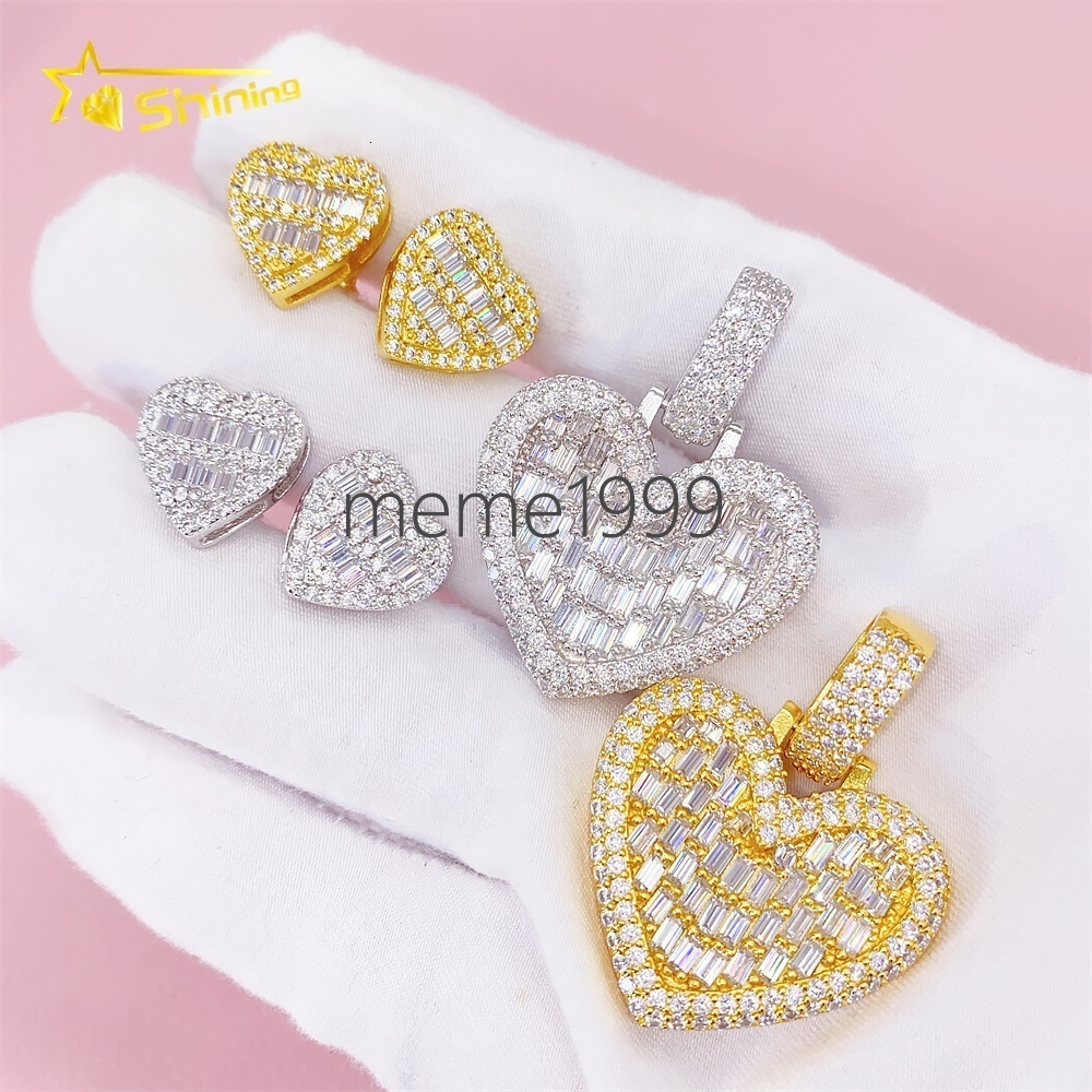 Iced Out 10k 14k Gold Silver baguette Moissanite Diamond Pendant Hiphop Custom Heart Pendant with Screw Back Stud Earrings