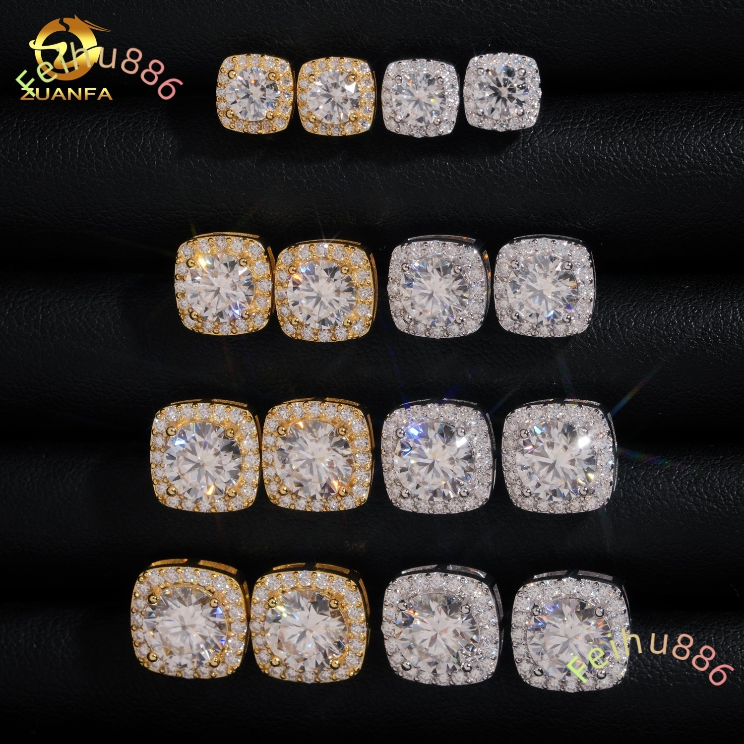 Large Stock Square Halo Design White Gold Plated Prong Set D-VVS Lab Moissanite Diamond Earring Studs