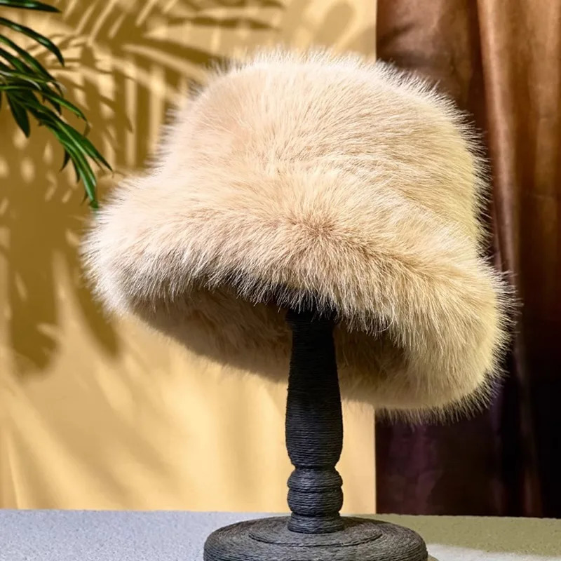 Winter Faux Fox fur bucket hat thickened plus size Bucket hat High quality warm female ear protection women hat 250819