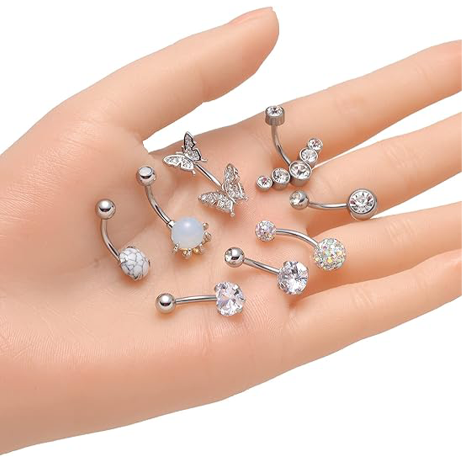 8PCS Short Bar Heart Butterfly Snake Skull CZ with Gem ball Stainless Steel Belly Button Rings Navel Rings for Women Barbell Eyebrow Body Piercing Jew