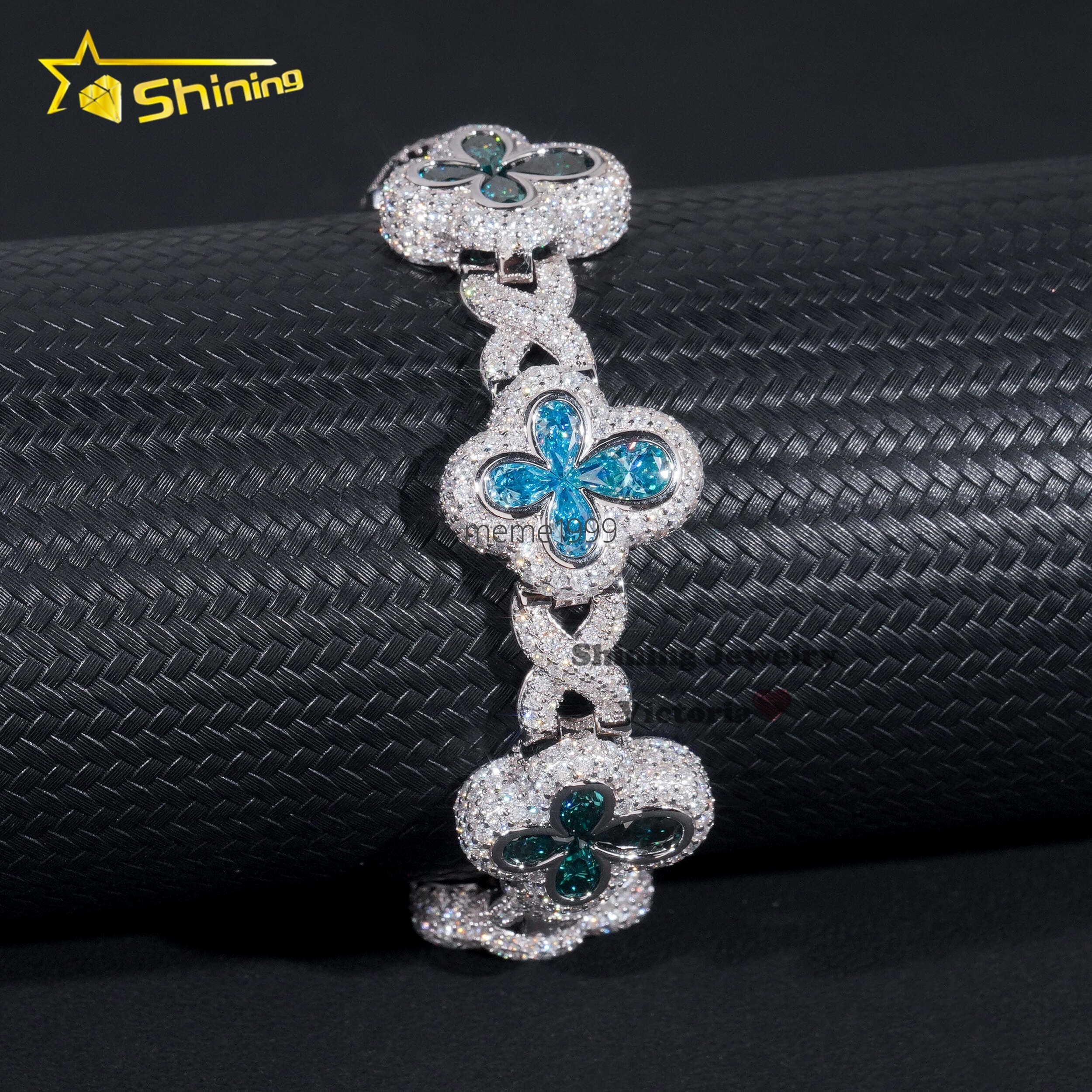 New Arrival Bling Hip Hop Jewelry 925 Sterling Silver Colored Pear Moissanite Diamond Iced Out Clover Infinity Link Bracelet Men
