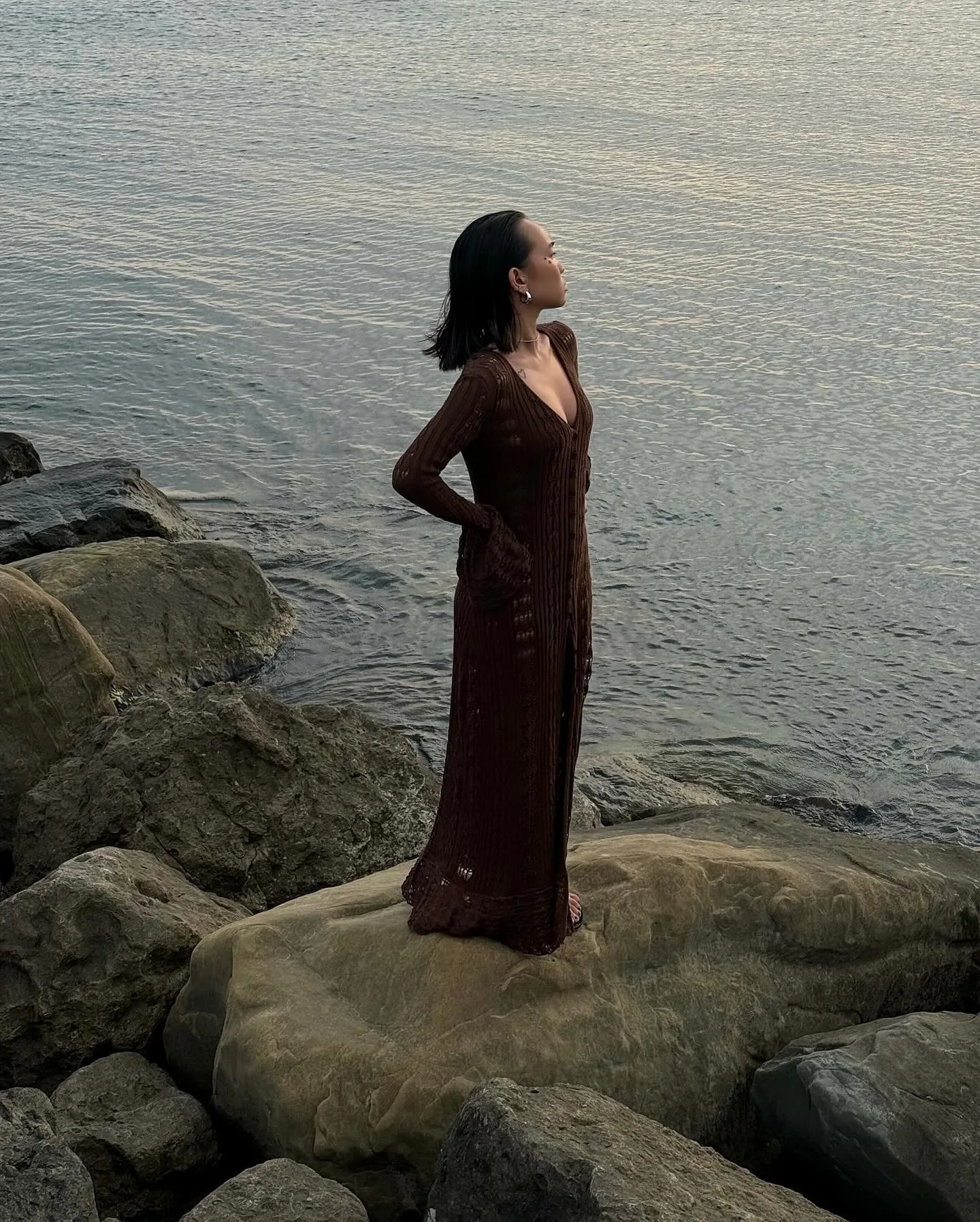 DRC Holiday Knitted Seethrought Cardigan Dress V Neck Long Flare Sleeves Leisure Trendy Single Breasted Autumn 250819