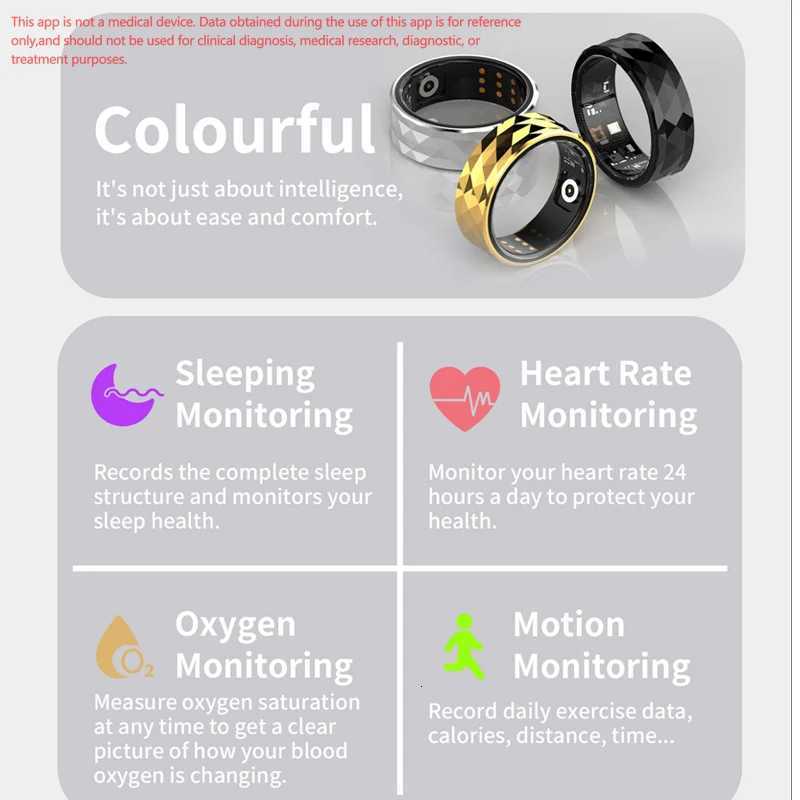 12M Smart Ring Health Sleep Heart Rate Monitoring IP68 5ATM Waterproof Step Distance Calorie Counting Multi Sport Modes W250819