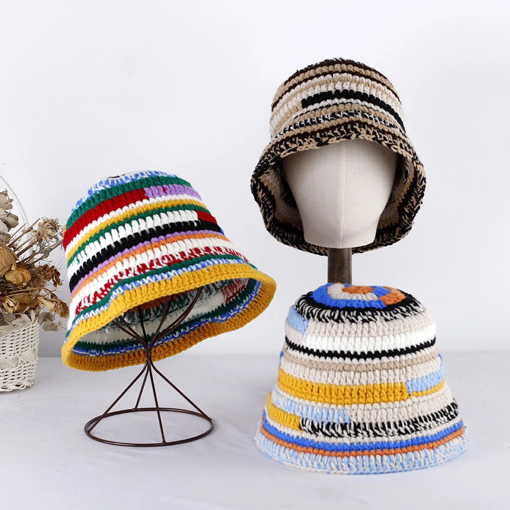Autumn Winter Colored Handmade Striped Knitted Bucket Hats Versatile Crochet Thick Women Fisherman Hats 250819