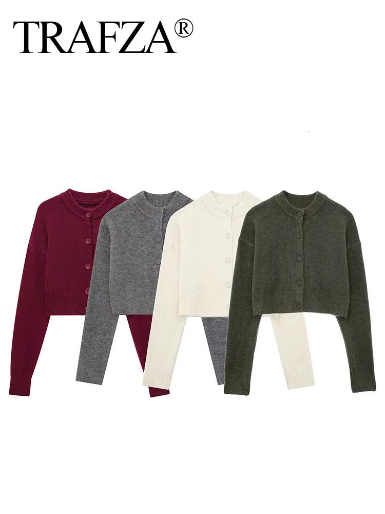TRAFZA Women Cropped Knit Cardigan Sweater Single Breasted Long Sleeve O Neck Coat Elegant Solid Outerwear Female Chic Top 250819