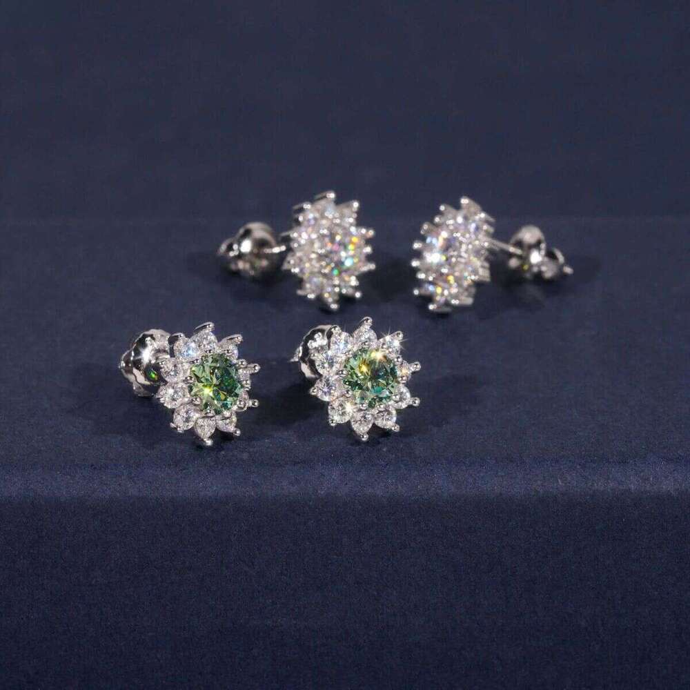 Fine Jewelry Sterling Sier Screw Back Blue Green Moissanite Dia Suower Hip Hop Stud Earrings