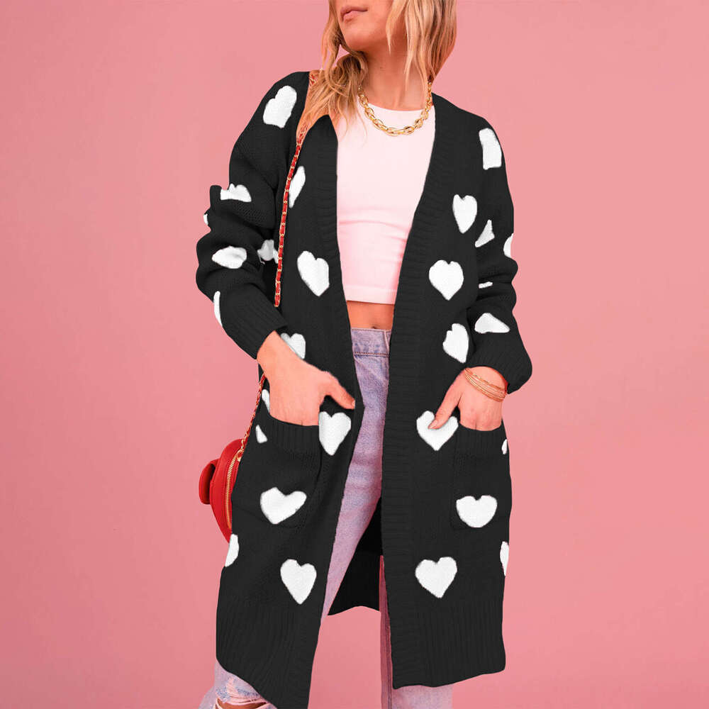 New Winter Valentine's Day Heart Knitted Mid-Length Plus Size Sweater Coat For Women B5