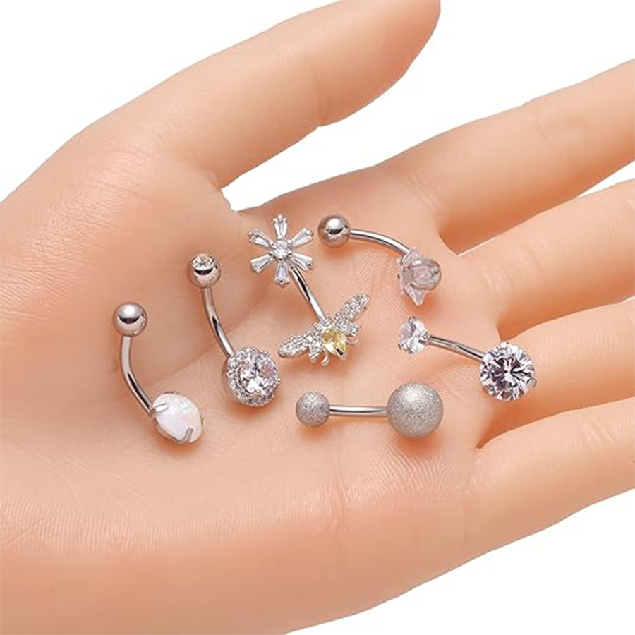 8PCS Tiny Heart Butterfly Evil Eye Devil Snake Skull CZ with Stainless Steel Belly Button Rings Navel Rings for Women Barbell Eyebrow Body Piercing Je
