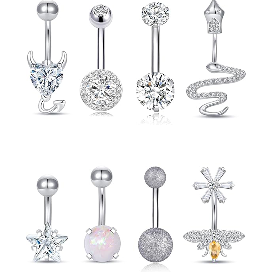 8PCS Tiny Heart Butterfly Evil Eye Devil Snake Skull CZ with Stainless Steel Belly Button Rings Navel Rings for Women Barbell Eyebrow Body Piercing Je