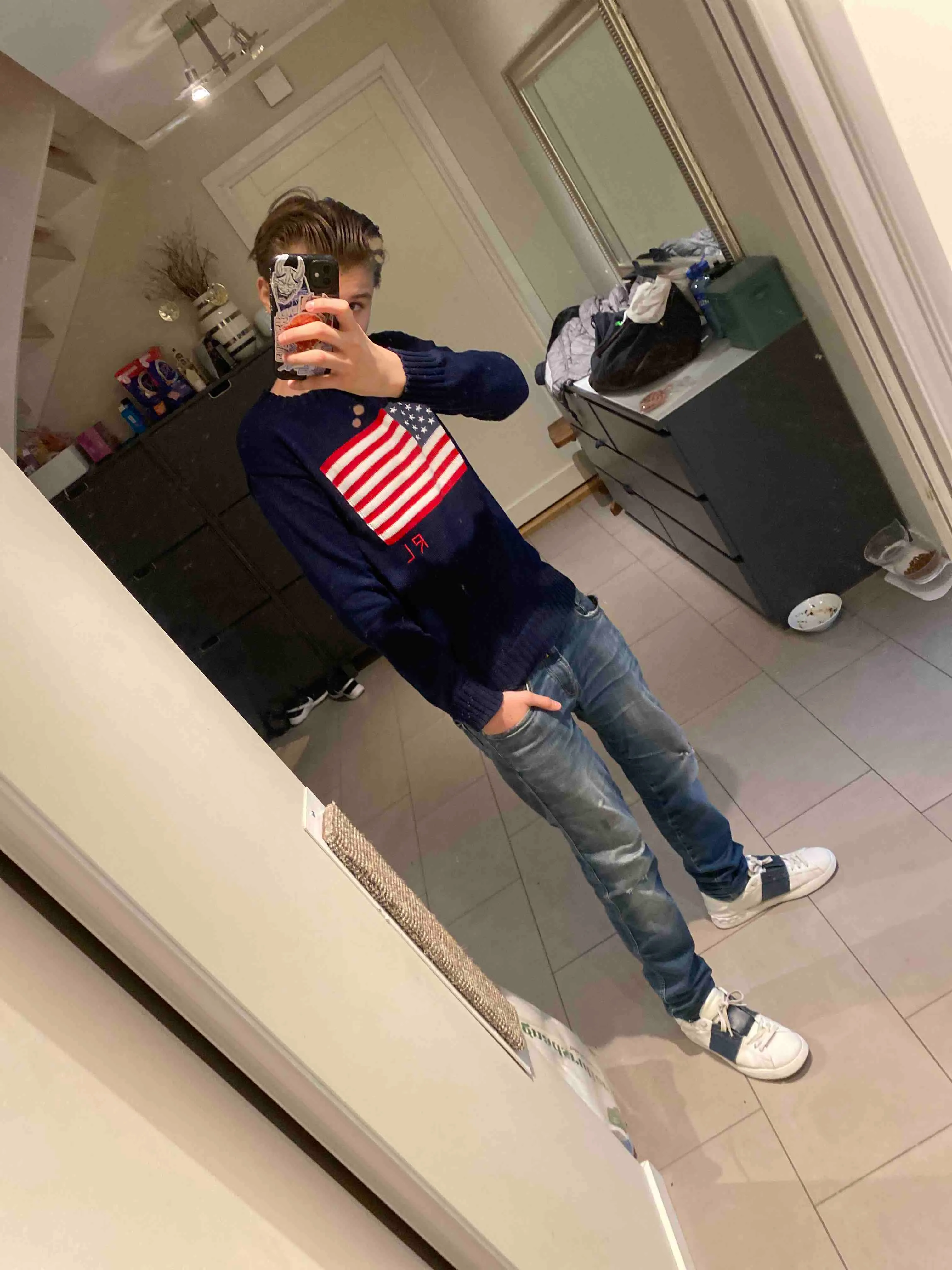 raalpphlaurensweaters Round neck sweater with stars and national flag, unisex loose classic style, old money style pullover, pure cotton knitted top AAAA
