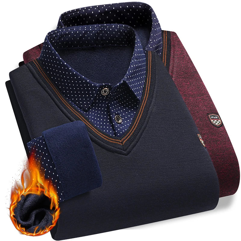 Mens Plush Sweater Autumn Winter Two Piece Pullover Polo Shirt Collar Fleece Thick Warm Top Clothes Casual Jumpers 250819
