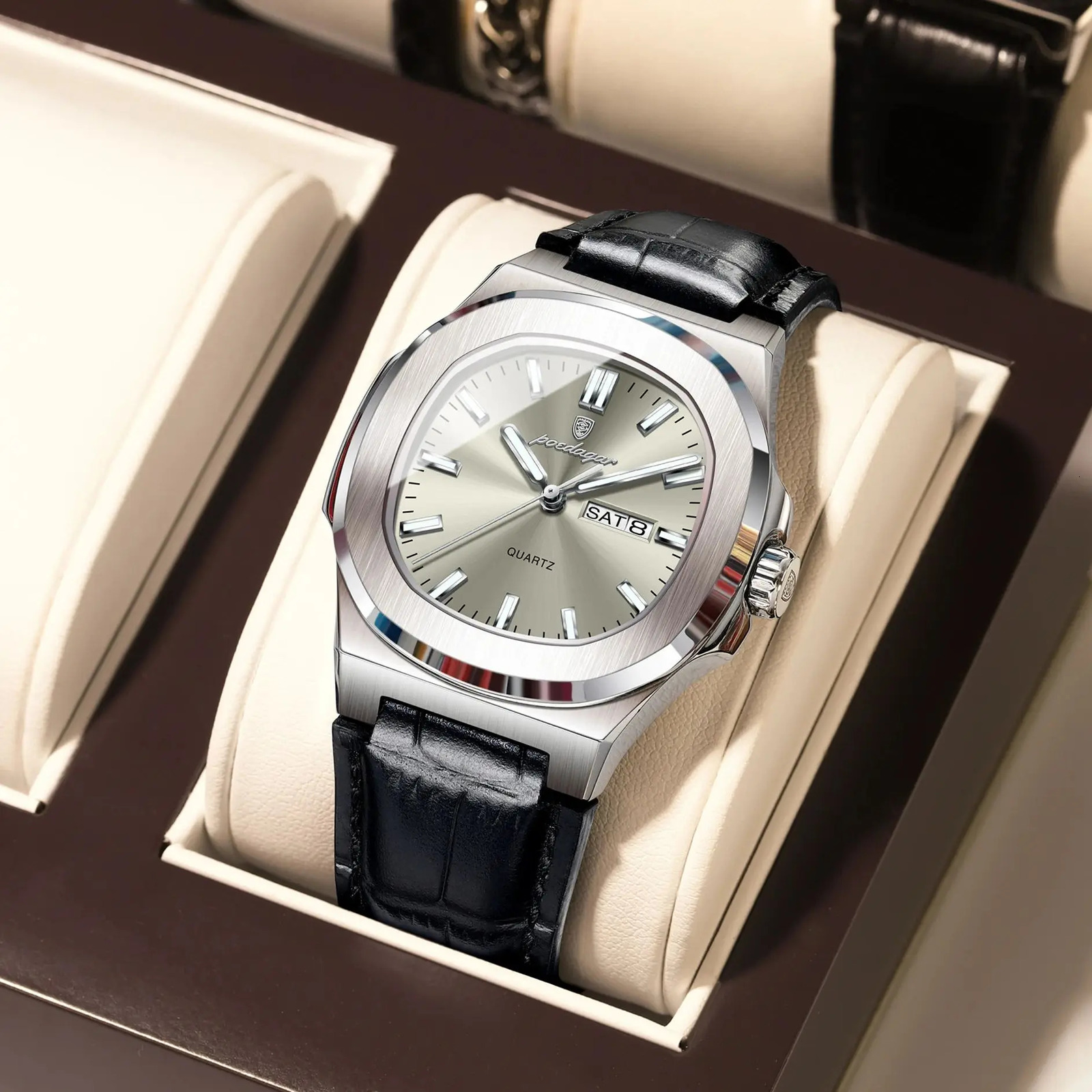 POEDAGAR High Quality Watch For Men Luminous Waterproof Week Calendar Man Clock Leather Square Mens Quartz Watches Reloj 250819