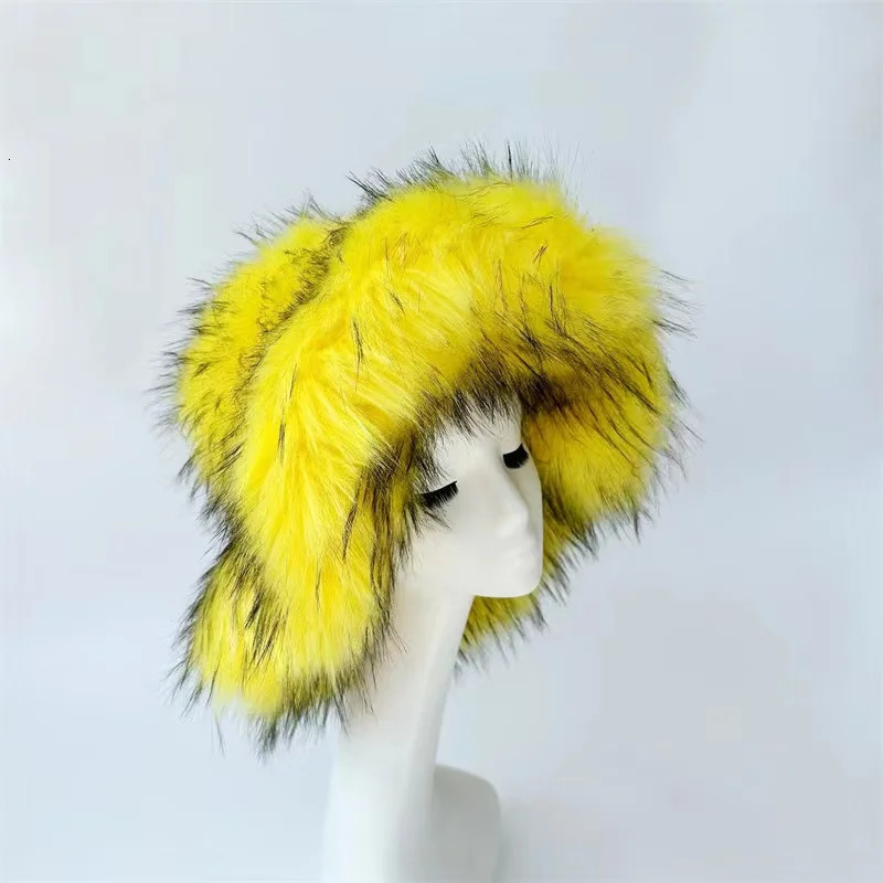 Fashion Faux Raccoon Bucket Hats For Women Winter Warm Big Faux Fur Fluffy Plush Fisherman Caps Outdoor Ski Panama 250819
