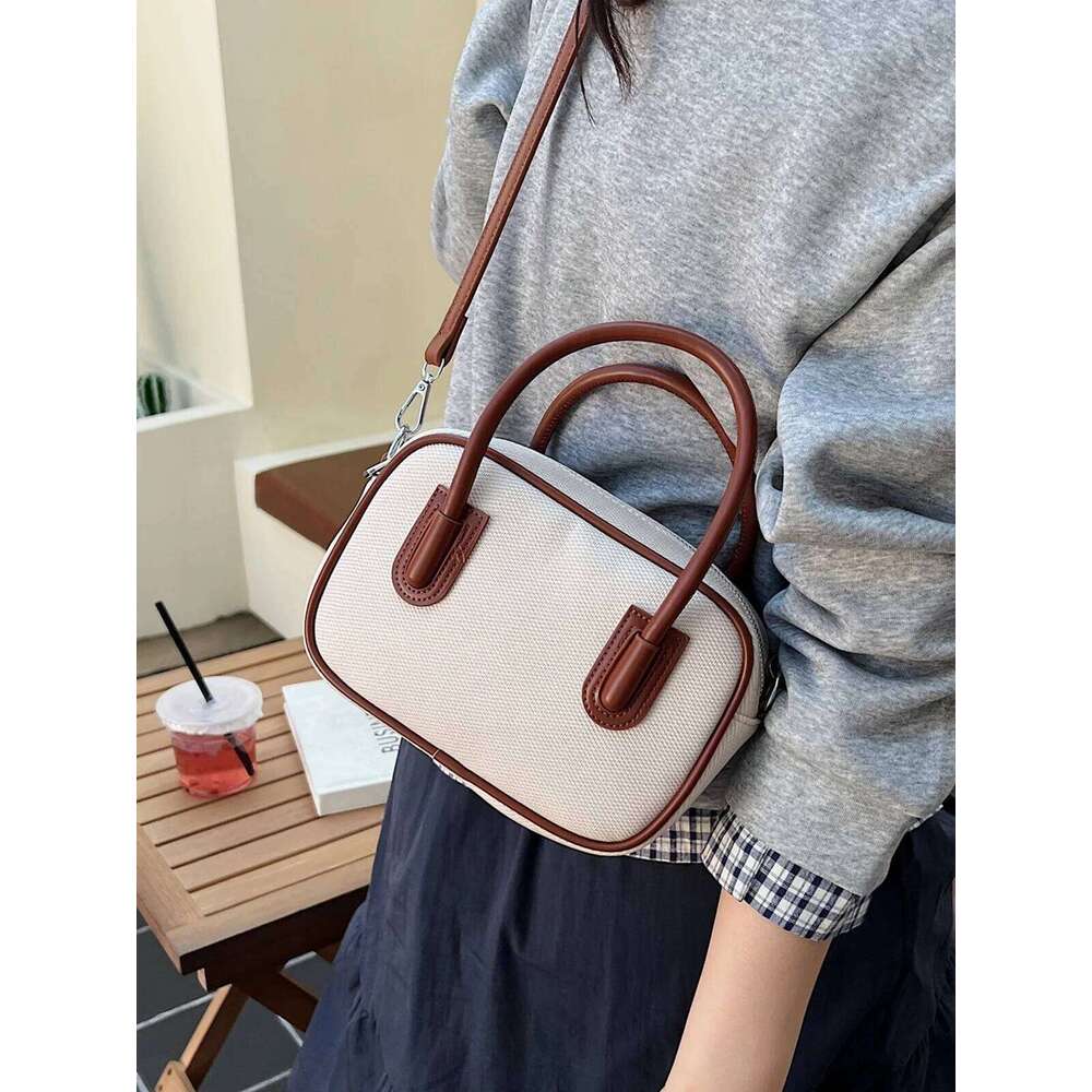 Designer PU Canvas Patchwork Women's Handbag Casual Crossbody Bag Pillow Bowling Boston Tote