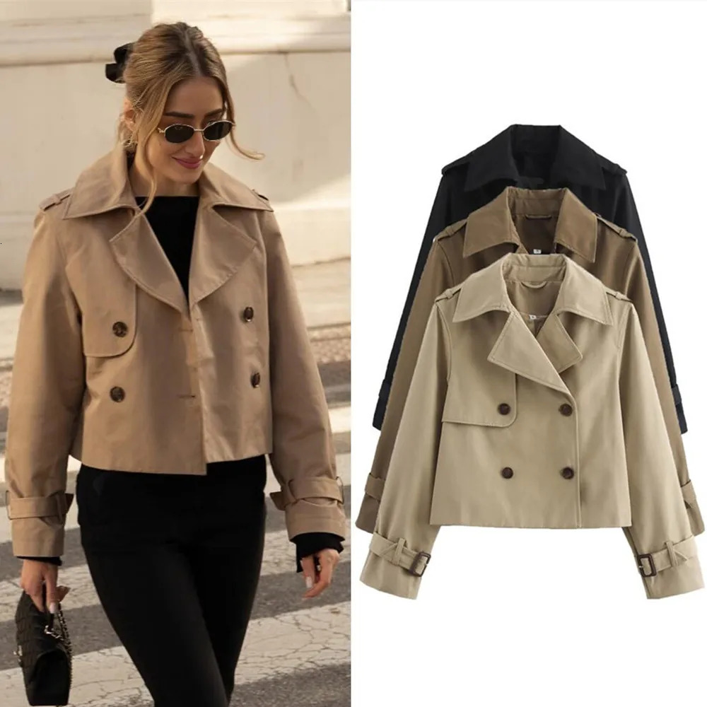 Ladies Vintage Cropped Trench Spring Autumn Jacket Women Streetwear Double Breasted Long Sleeve Top Female Chic Coat Outfits 250818