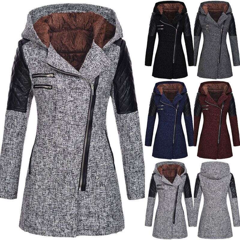 Women's Clothing Mid Length Hooded Loose Diagonal Zipper Woolen Windbreaker Jacket Composite Plush Cotton Clothes