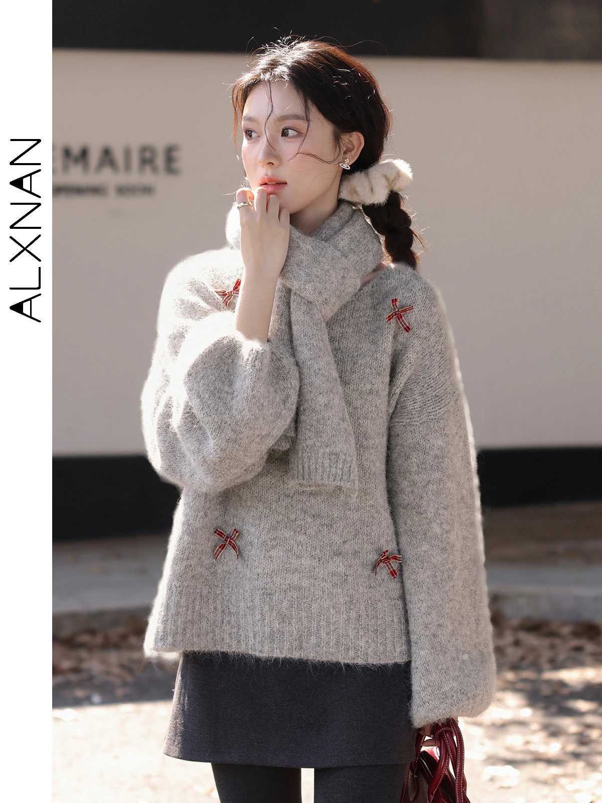 ALXNAN Women Gray Pullovers O-neck Plaid Bow Loose Knitted Lantern Long Sleeve Tops Women Winter Sweaters Fe Clothing L52690 XJ250819