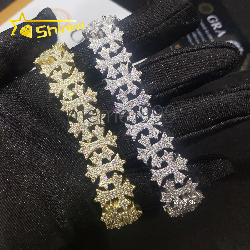 Gold Plated Sterling Silver 925 Iced Out Moissanite Cross Bracelet Hip Hop Men Fine VVS Moissanite Cuban Bracelet Party Gifts